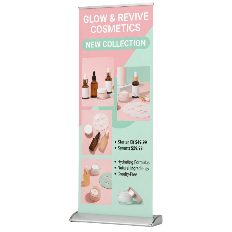 In standee 12 Standee chân cuốn – Giải pháp trưng bày sang trọng cho hội nghị và sự kiện