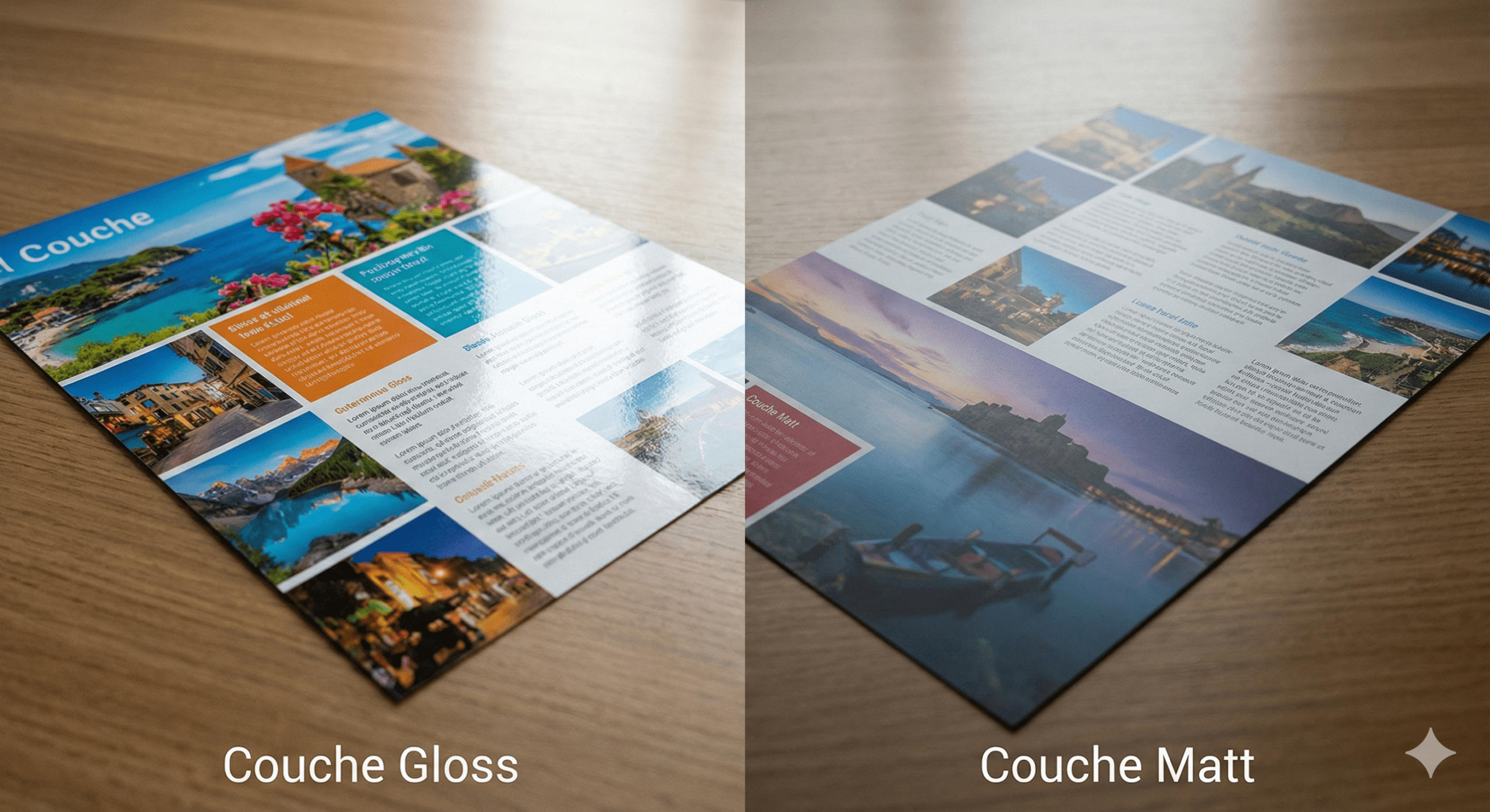 So sánh bề mặt giấy Couche bóng (Gloss) và Couche mờ (Matt)