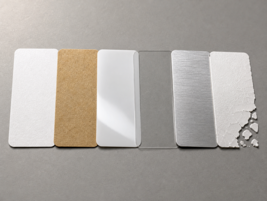 Sáu loại decal in tem nhãn xếp cạnh nhau gồm decal giấy, nhựa, trong, xi bạc, kraft và decal vỡ 