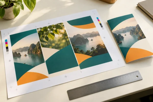 Tờ in mẫu có dải màu đặt cạnh brochure đã gấp và thước kim loại