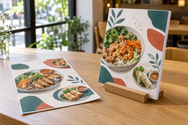 Tờ menu mỏng và bảng menu dày dựng trên đế gỗ trong quán