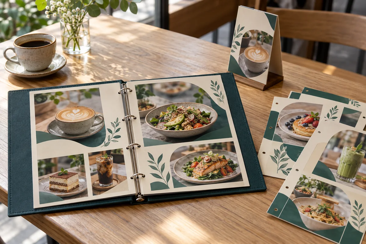 Quán thường đổi món nên thiết kế và đặt in menu thế nào? 1 Menu gáy còng với các tờ thay rời cạnh ly cà phê và bảng để bàn